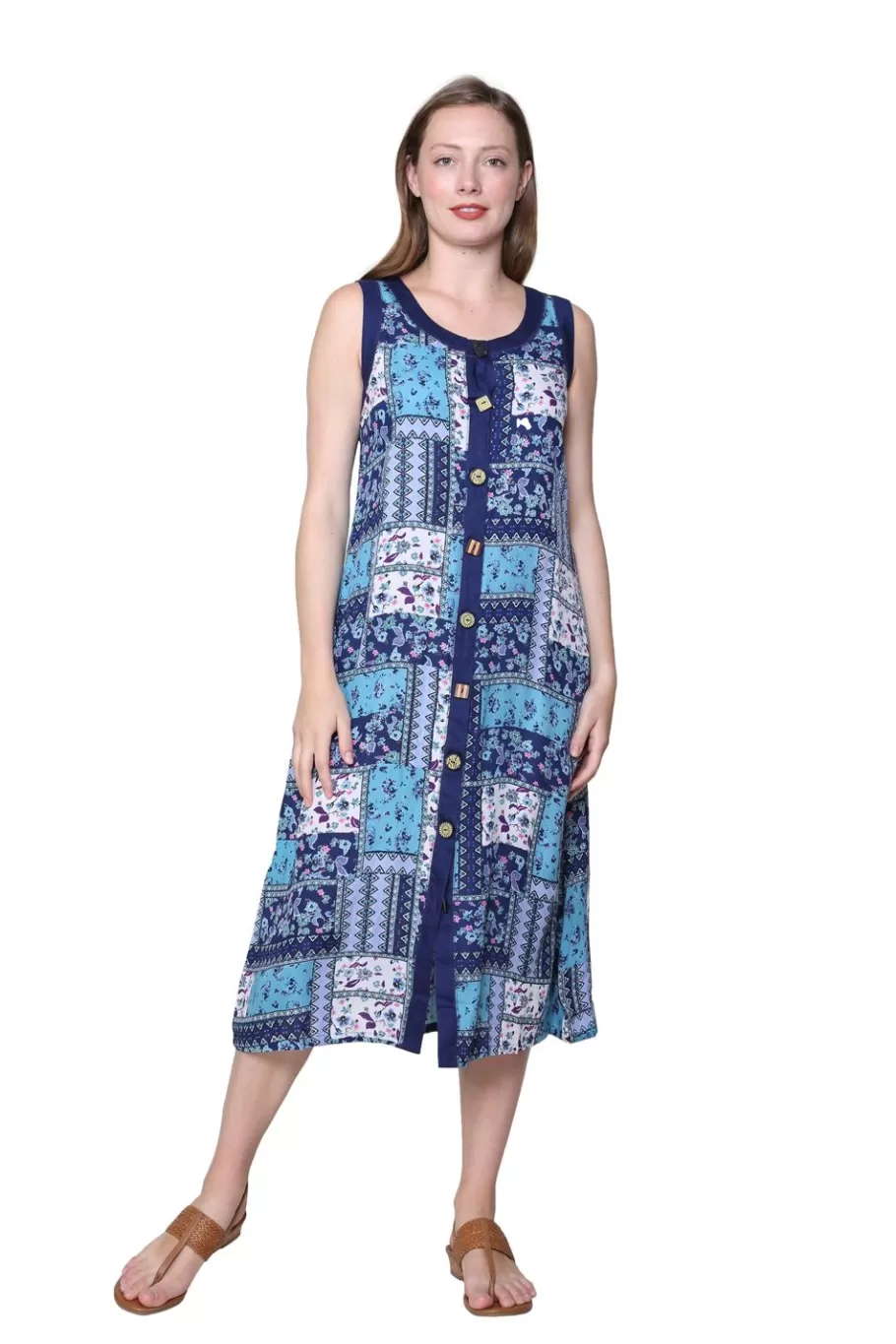 La Cera™ Vestido Con Estampado De Rayon Y Patchwork Con Botones Novedosos^ Vestidos Tejidos