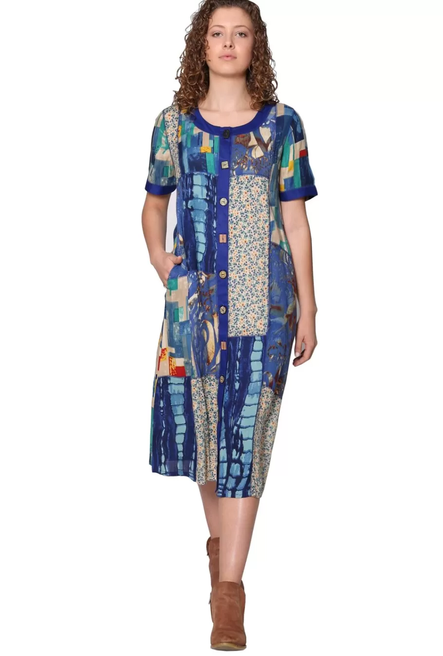 La Cera™ Vestido Con Estampado De Rayon Y Patchwork Con Botones Novedosos^ Vestidos Tejidos