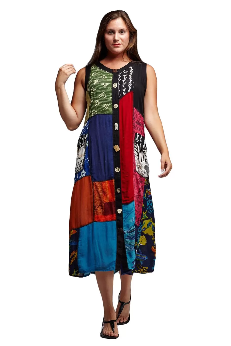 La Cera™ Vestido Con Estampado De Rayon Y Patchwork Con Botones Novedosos^ Vestidos Tejidos