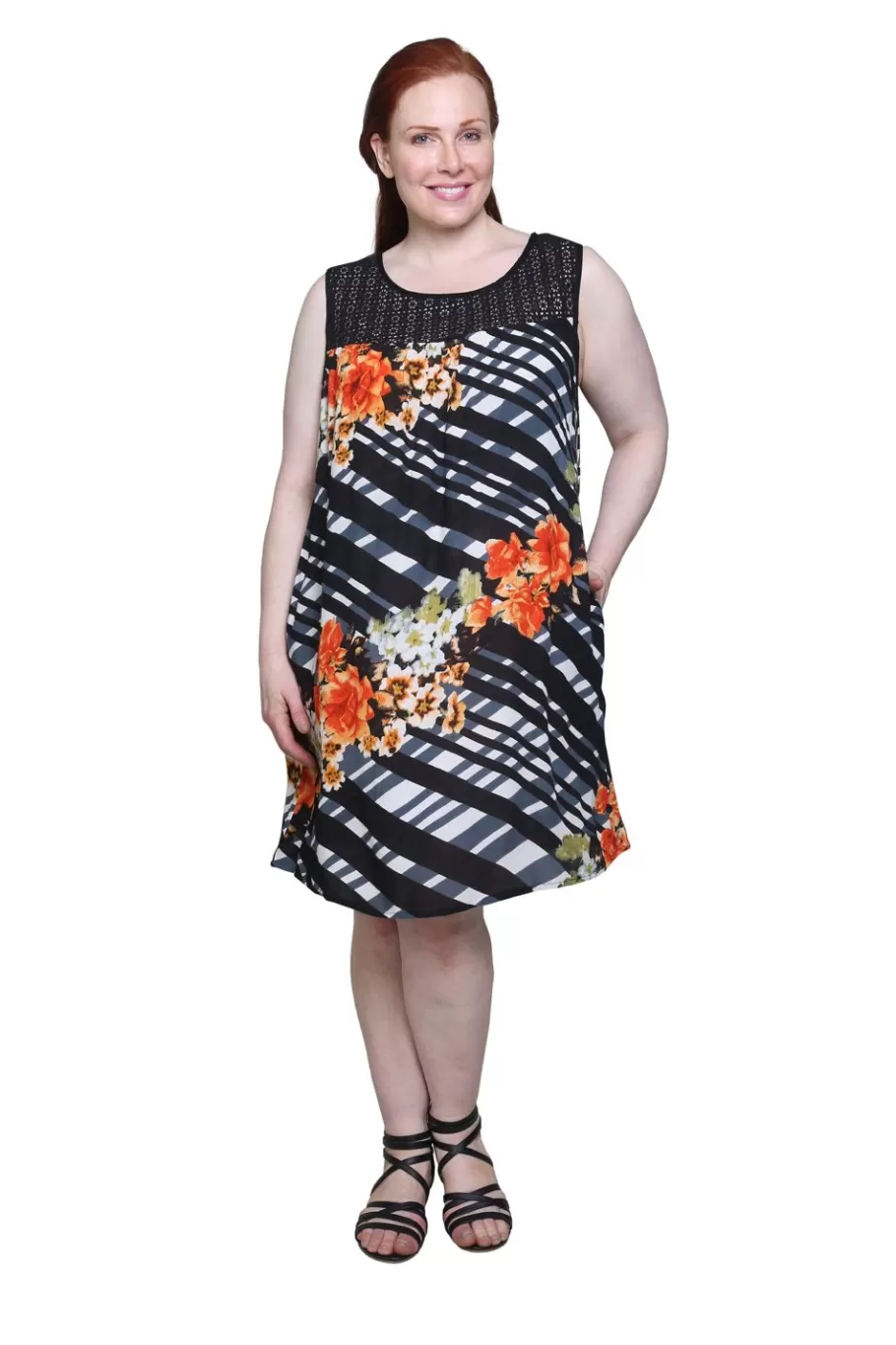 La Cera™ Vestido Con Estampado Geometrico Y Canesu De Crochet De Talla Grande^ Vestidos Plus