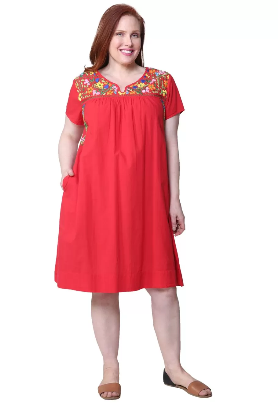 La Cera™ Vestido De Manga Corta Bordado La Cera Talla Grande^ Vestidos Plus