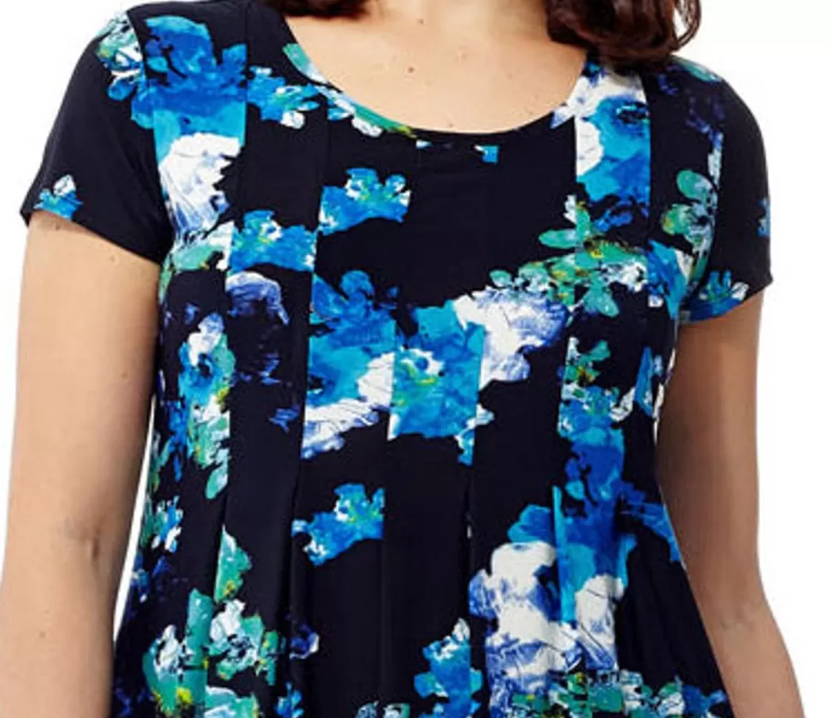 La Cera™ Vestido De Manga Corta Con Estampado Floral Azul De La Cera^ Vestidos De Punto