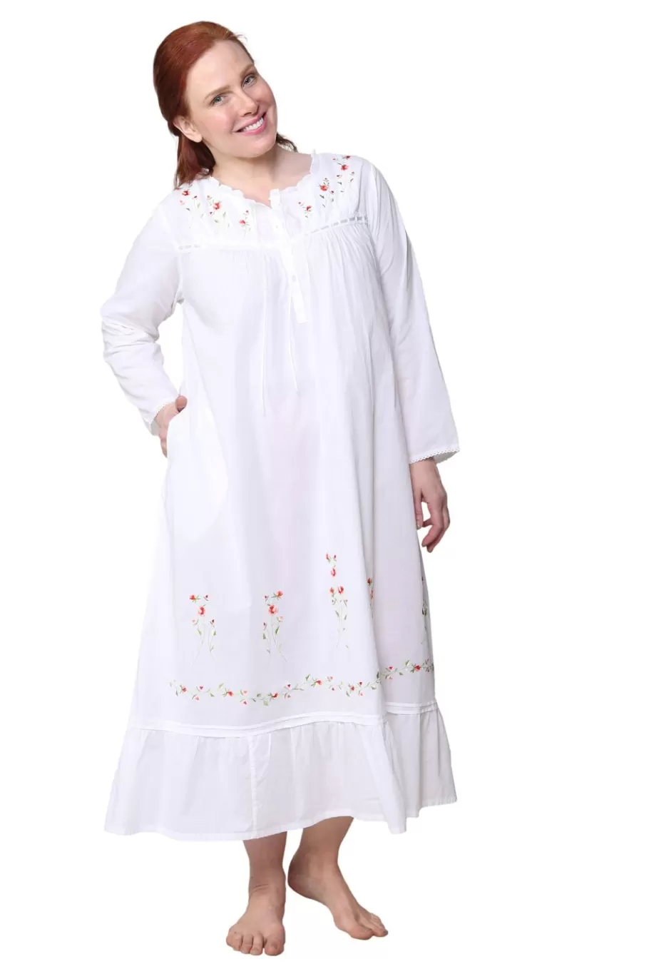 La Cera™ Vestido De Manga Larga Bordado 100% Algodon De Talla Grande^ Más Ropa De Dormir