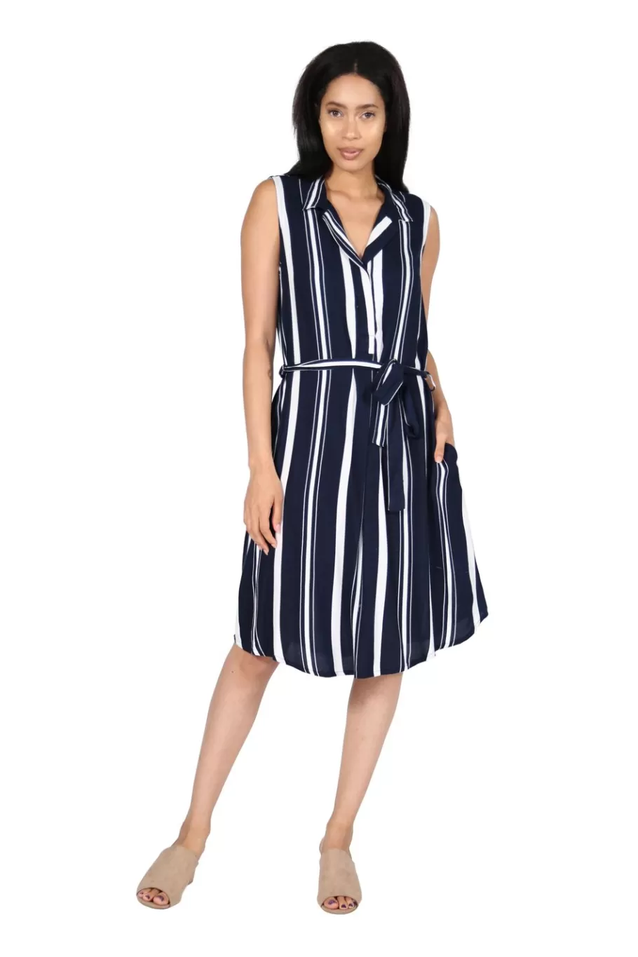 La Cera™ Vestido De Rayon Con Cinturon Y Rayas Azul Marino De La Cera^ Vestidos Tejidos