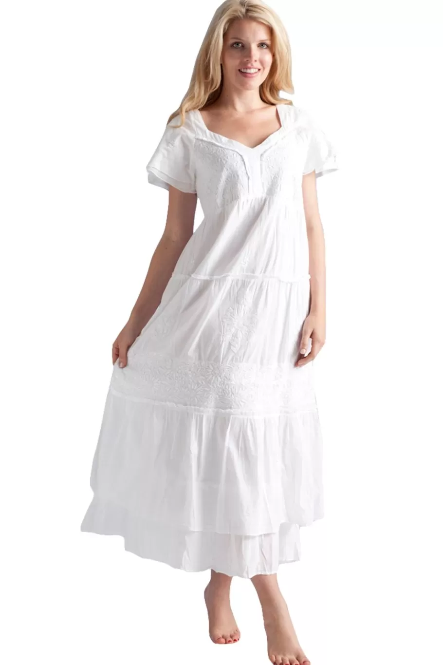 La Cera™ Vestido Escalonado De Manga Corta A Capas Con Bordado De La Cera^ Vestidos