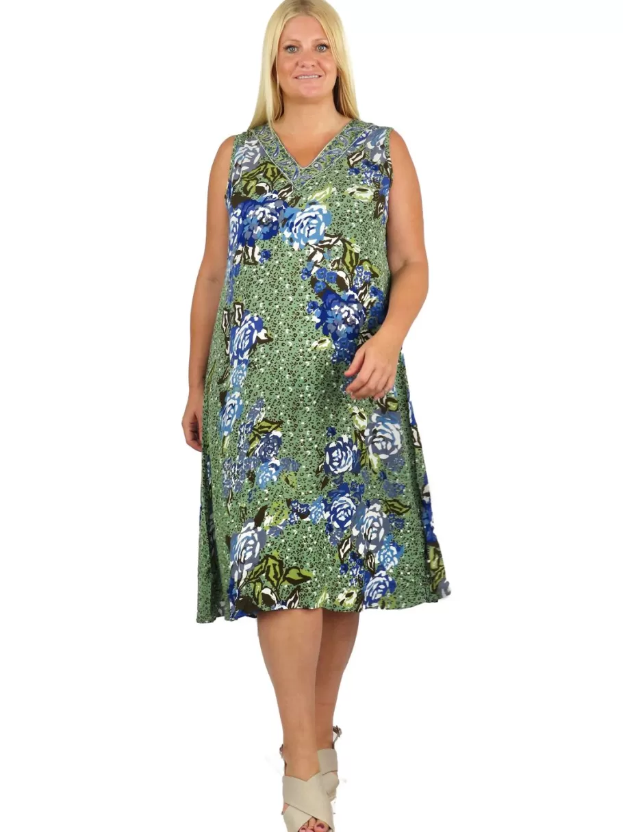 La Cera™ Vestido Floral Artistico Sin Mangas Con Cuello En V La Cera - Talla Gr^ Vestidos Plus